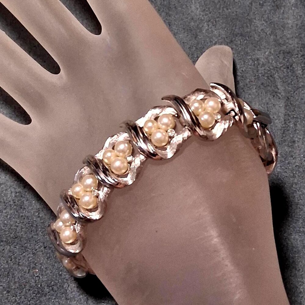 Trifari Pearl Rhinestone Bracelet Brushed Silver Vintage